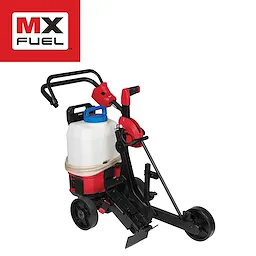 MX FUEL Cut-Off Saw Cart Primart with a white and blue water tank attached, featuring a red and black frame on wheels.