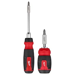 2pc 14-in-1 Ratcheting Multi-Bit Screwdriver and 8-in-1 Compact Multi-Bit Screwdriver by Milwaukee, featuring two red and black handled screwdrivers with interchangeable metal bits.