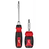2pc 14-in-1 Ratcheting Multi-Bit Screwdriver and 8-in-1 Compact Multi-Bit Screwdriver by Milwaukee, featuring two red and black handled screwdrivers with interchangeable metal bits.