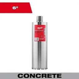 Silver 6" Diamond Wet Core Bit for concrete, with a red label, hexagonal top, and cylindrical body.