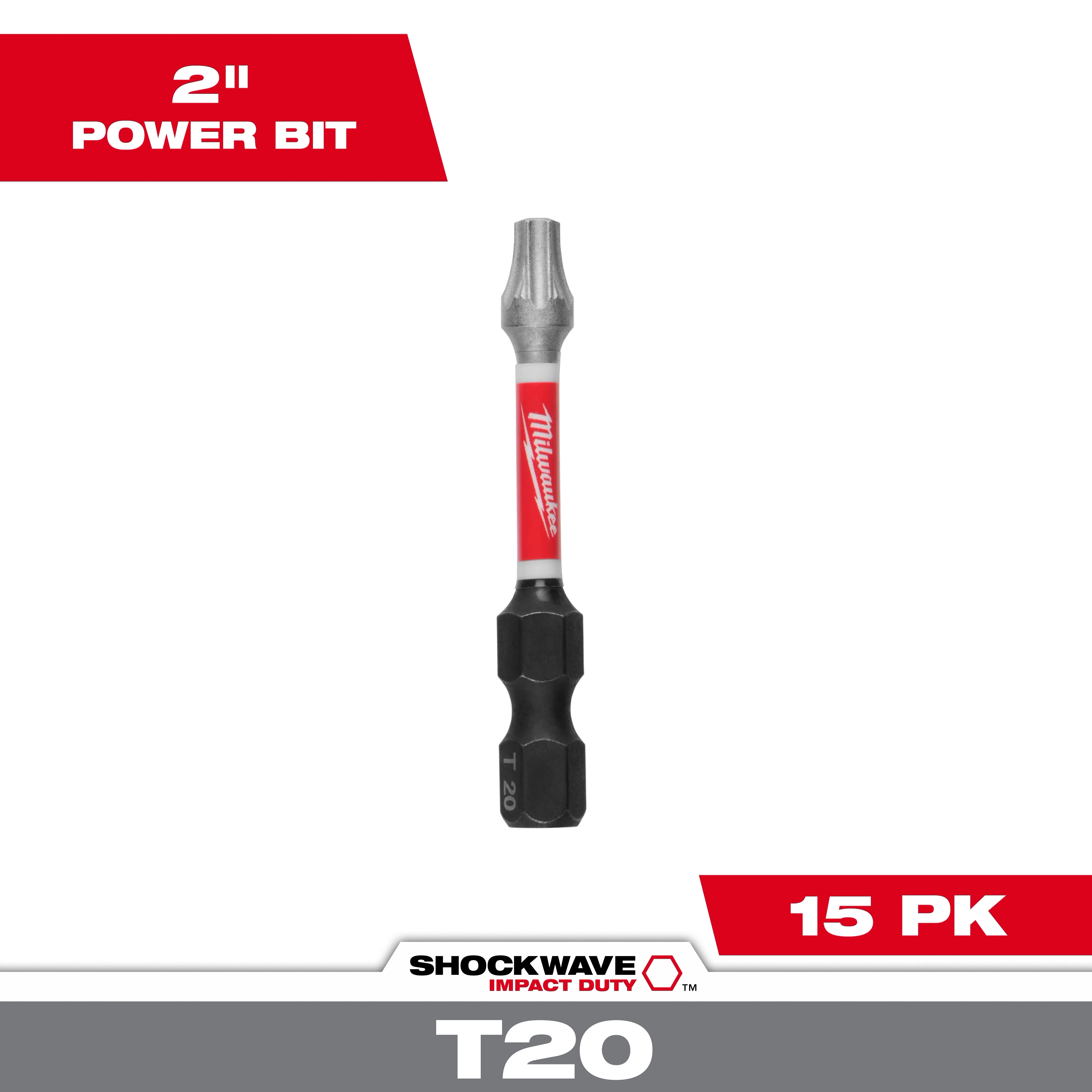 The image shows a SHOCKWAVE™ 2" T20 Impact Bit (15 Contractor PK) by Milwaukee. The bit is designed for impact duty screws and features a red and silver color scheme with "Milwaukee" branding. The text indicates it is a 2-inch power bit and comes in a 15 pack.
