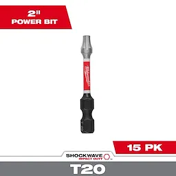 The image shows a SHOCKWAVE™ 2" T20 Impact Bit (15 Contractor PK) by Milwaukee. The bit is designed for impact duty screws and features a red and silver color scheme with "Milwaukee" branding. The text indicates it is a 2-inch power bit and comes in a 15 pack.