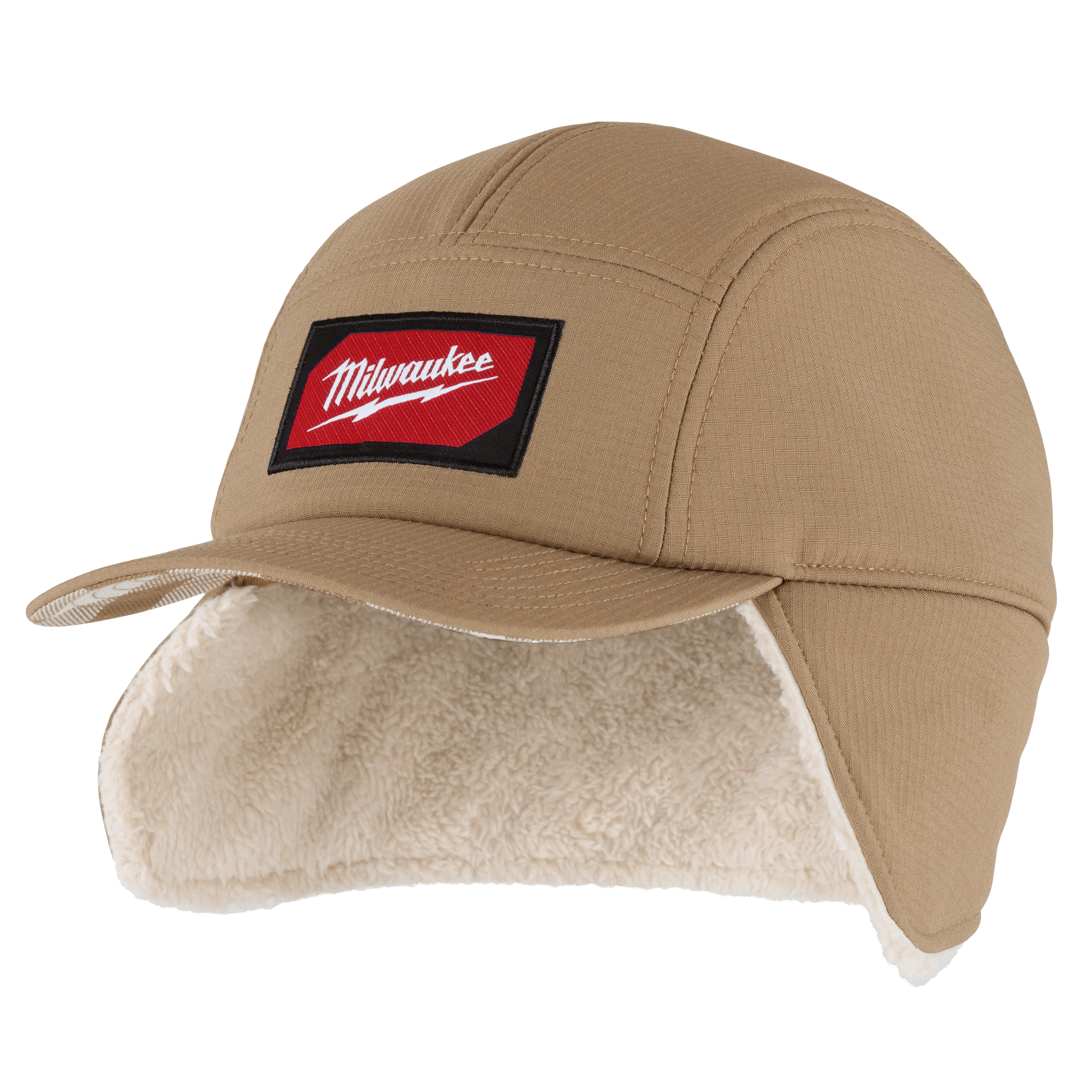 Tan Sherpa-Lined Hat with a red and black logo patch on the front. The hat features a sherpa lining and ear flaps.