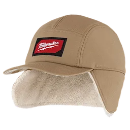 Tan Sherpa-Lined Hat with a red and black logo patch on the front. The hat features a sherpa lining and ear flaps.