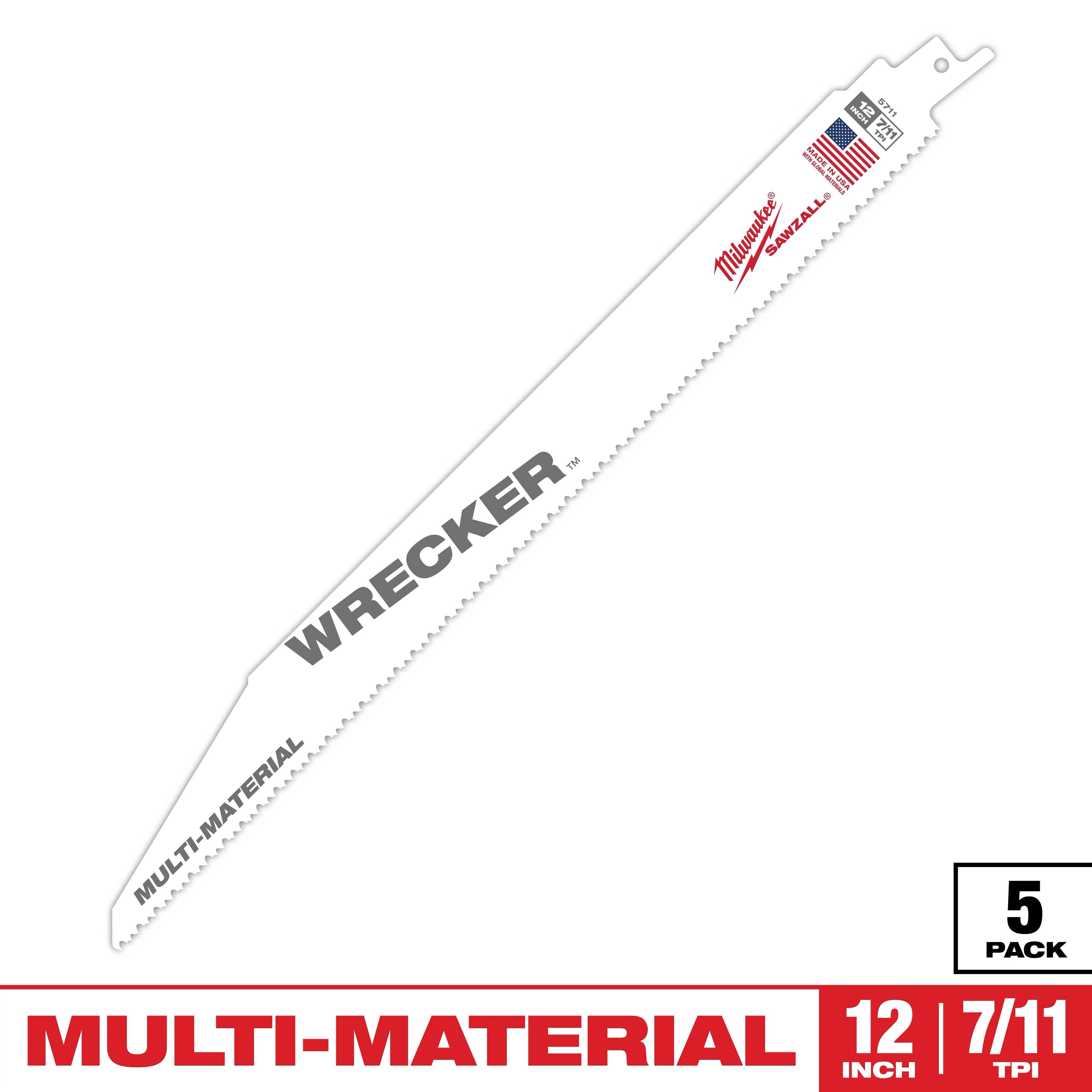 The Sawzall Bi-Metal Carbide Primary Images product is a 12-inch multi-material reciprocating saw blade with 7/11 TPI. It features "Wrecker" in large gray letters, a logo, and an American flag icon. The packaging indicates it comes in a pack of five.