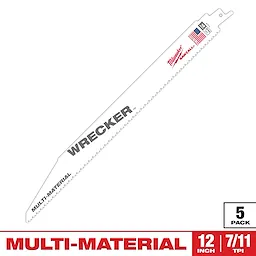 The Sawzall Bi-Metal Carbide Primary Images product is a 12-inch multi-material reciprocating saw blade with 7/11 TPI. It features "Wrecker" in large gray letters, a logo, and an American flag icon. The packaging indicates it comes in a pack of five.