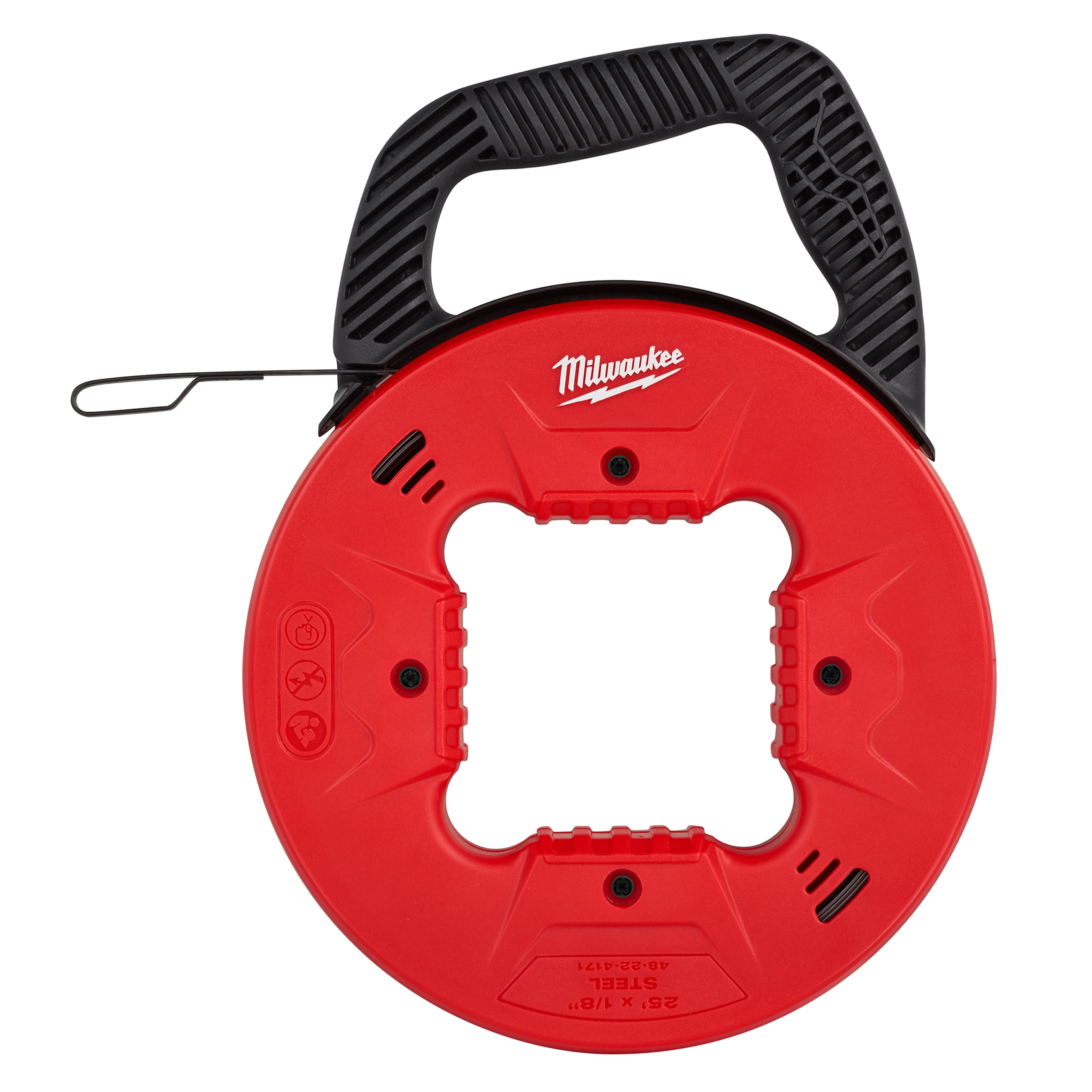 Red and black 1/8" 25' Steel Fish Tape with a square opening in the center and handle for easy grip.