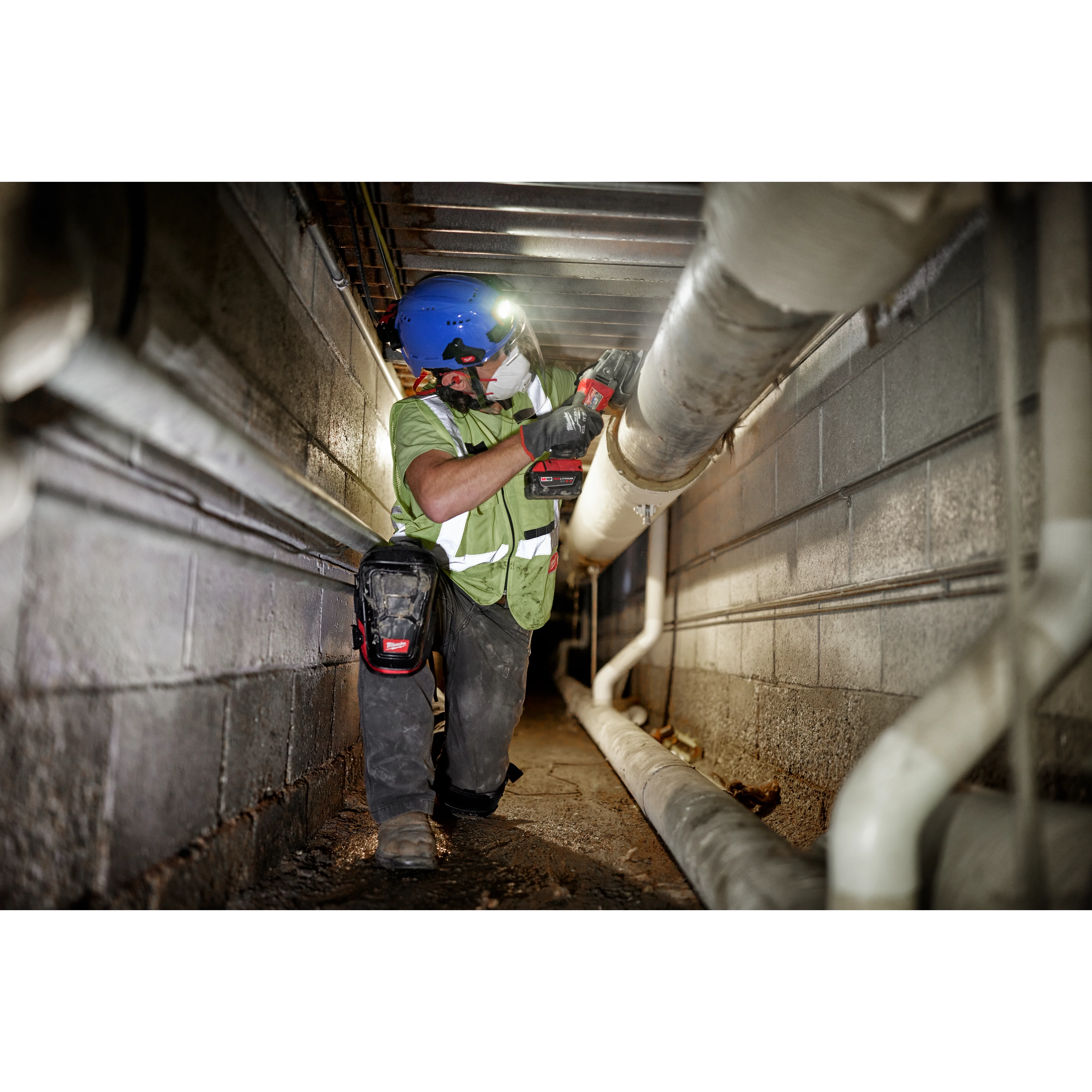 Worker wearing the BOLT Full Face Shield Clear Dual Coat Lens for extra protection