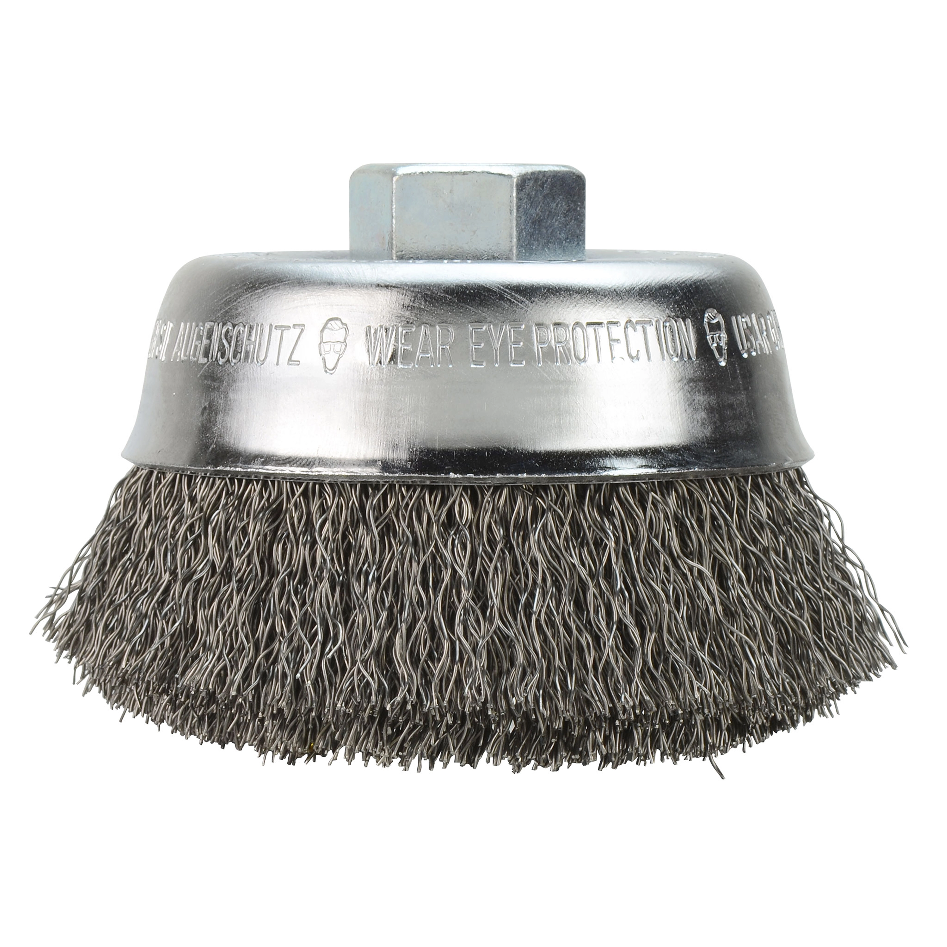 3-1/2" Crimped Wire Cup Brush with carbon steel bristles and metal block, designed for cleaning and removing rust, scale, and paint.
