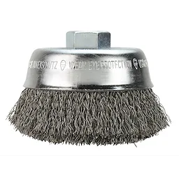3-1/2" Crimped Wire Cup Brush with carbon steel bristles and metal block, designed for cleaning and removing rust, scale, and paint.