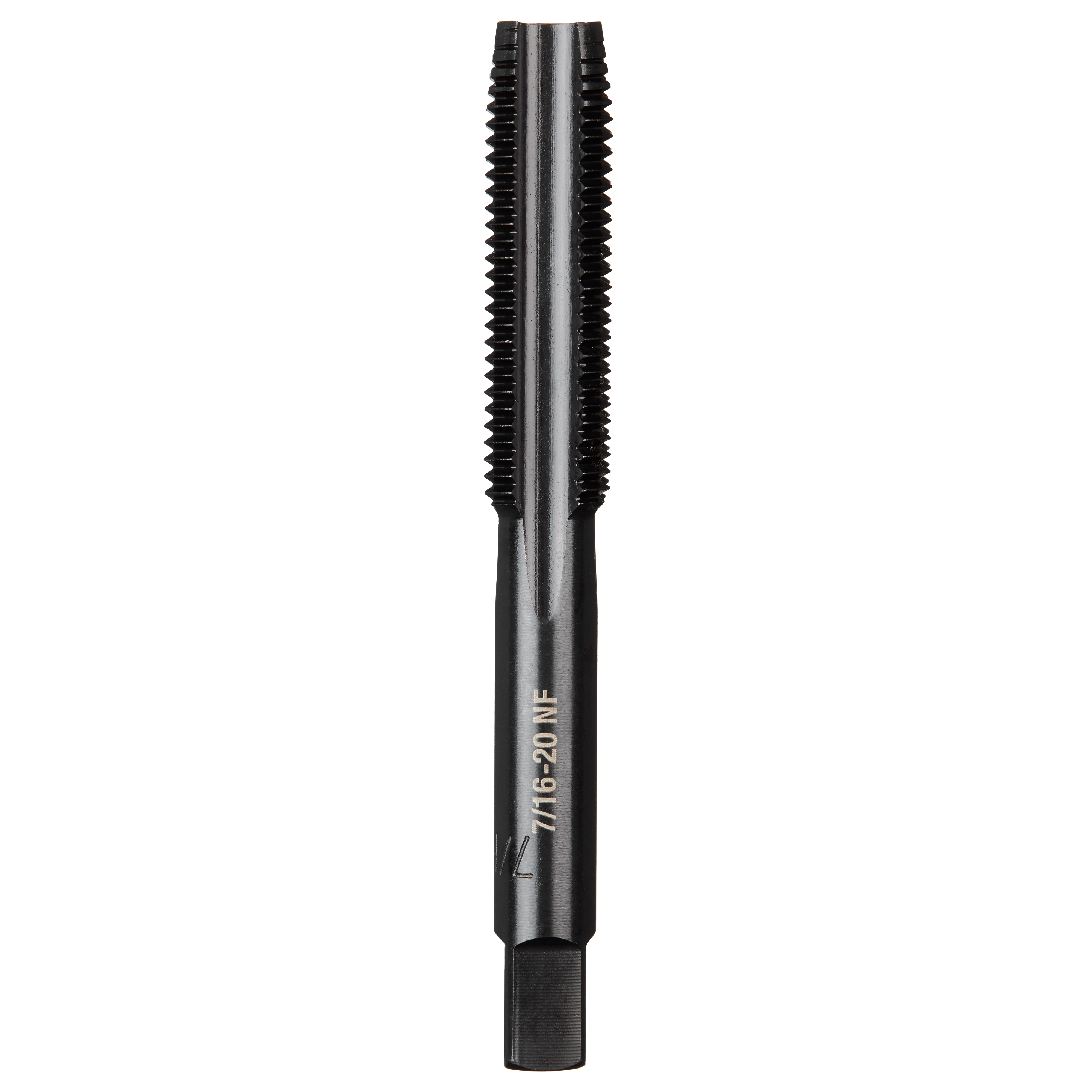 7/16"-20 NF Straight Flute Plug Tap made of steel with a straight flute design, used for cutting internal threads.