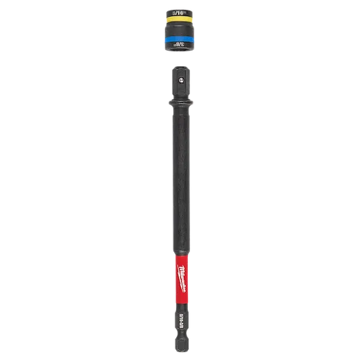 The SHOCKWAVE Impact Duty 5/16” and 3/8” x 6” QUIK-CLEAR 2-in-1 Magnetic Nut Driver features a black handle and shaft with a red section bearing the Milwaukee logo. The interchangeable magnetic head includes color-coded rings for each size.