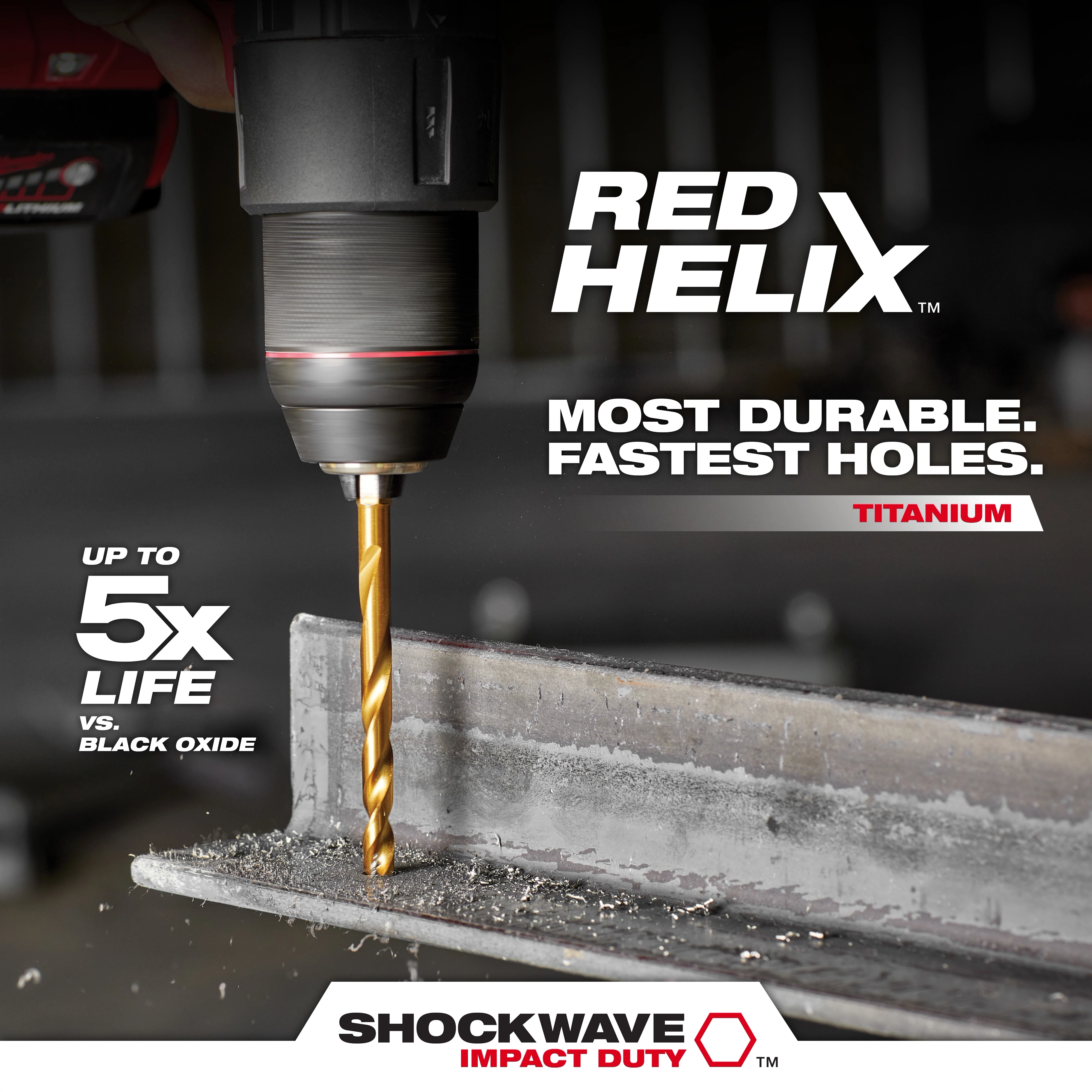The RED HELIX titanium drill bit, known for its durability and speed, is seen drilling through metal. It promises up to 5 times longer life compared to black oxide bits, emphasizing its durability and efficiency for creating fast holes.