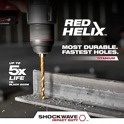 The RED HELIX titanium drill bit, known for its durability and speed, is seen drilling through metal. It promises up to 5 times longer life compared to black oxide bits, emphasizing its durability and efficiency for creating fast holes.