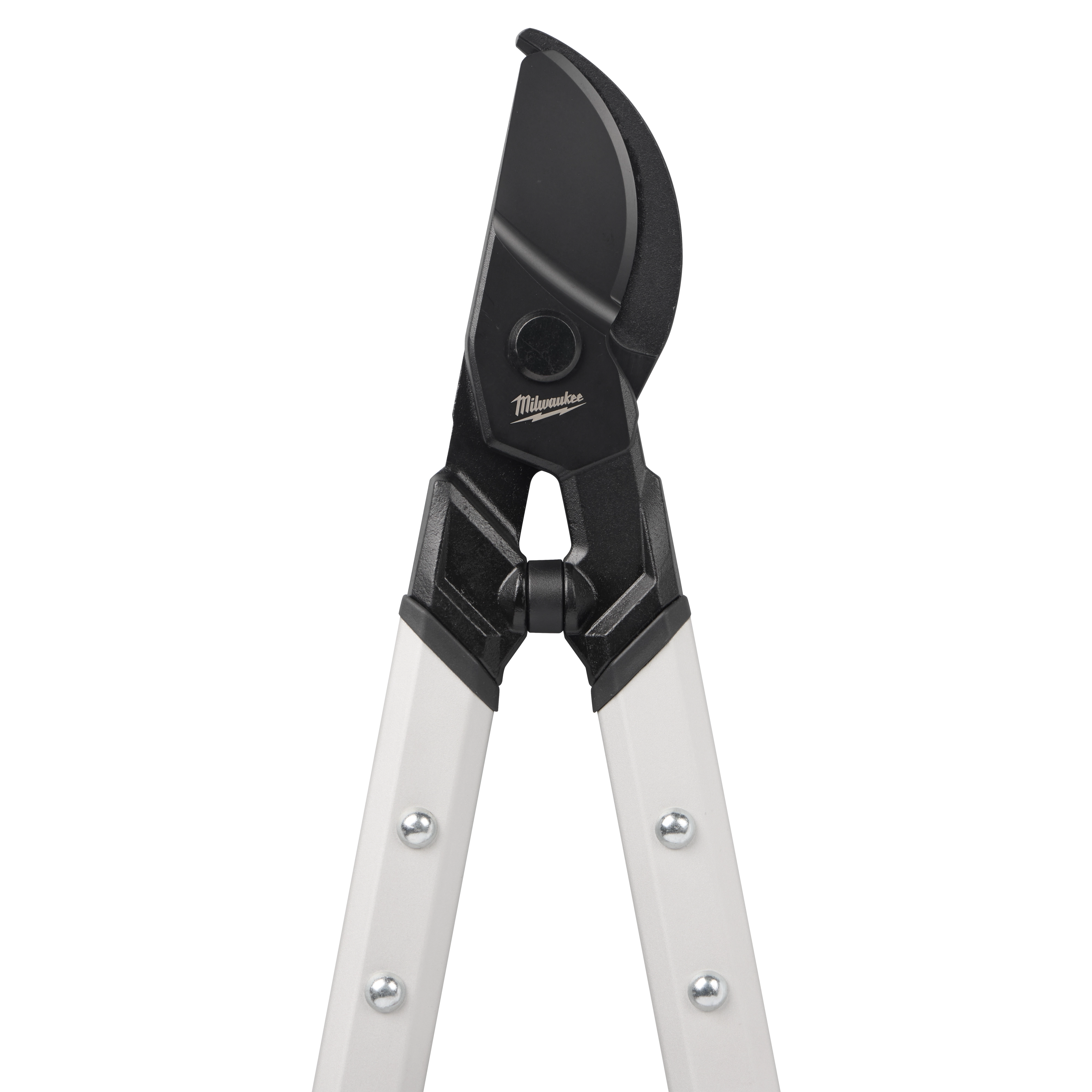 1-1/2" Lopper with black cutting blade and white handles featuring metal rivet fastenings. Ideal for gardening and pruning.