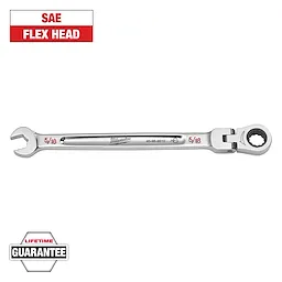 An SAE flex head ratcheting wrench labeled "5/16" by Milwaukee. The upper left corner states "SAE FLEX HEAD" and the lower left corner indicates "LIFETIME GUARANTEE." The tool has an open-end and a ratcheting box end.