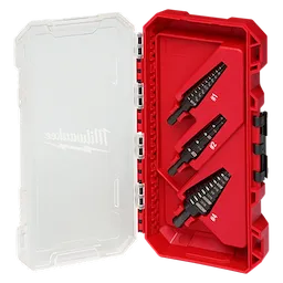 3PC Step Drill Bit Set in a red and black case with three step drill bits secured inside.