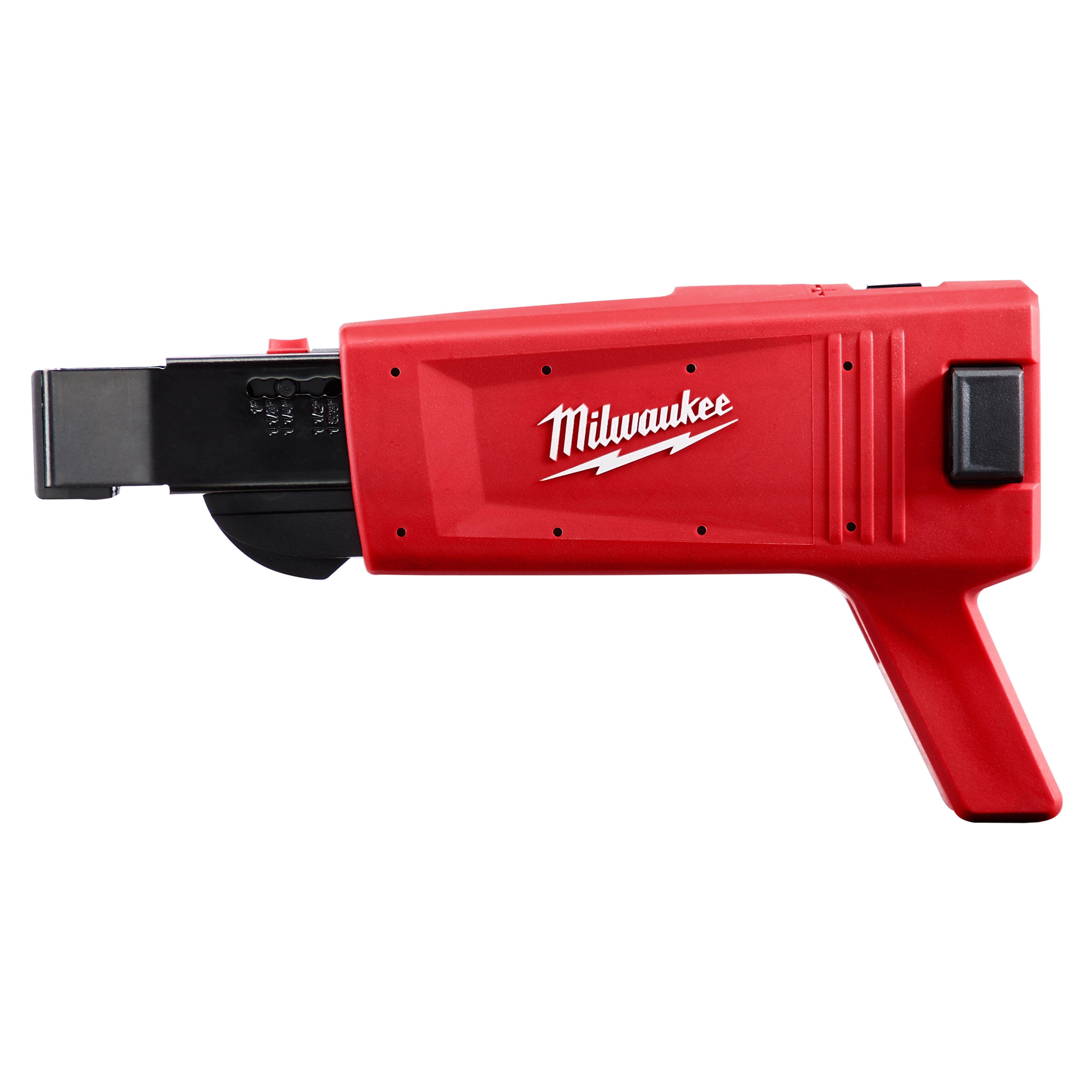 Red Milwaukee Collator with a black feeding mechanism and handle, designed for collating screws. The body features the Milwaukee logo in white.