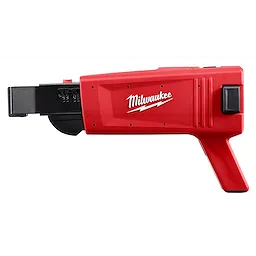 Red Milwaukee Collator with a black feeding mechanism and handle, designed for collating screws. The body features the Milwaukee logo in white.