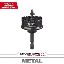 1-1/4" Impact SHOCKWAVE Hole Saw for cutting through metal, featuring a hex shank and black coating with visible branding.