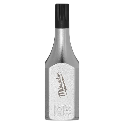 The product is a 3/8" Drive 6mm Triple Square Bit Socket. It has a silver body with a black-tipped end featuring multiple grooves. The branding and hexagonal cushioning on the socket is visible, with "M6" engraved near the base.