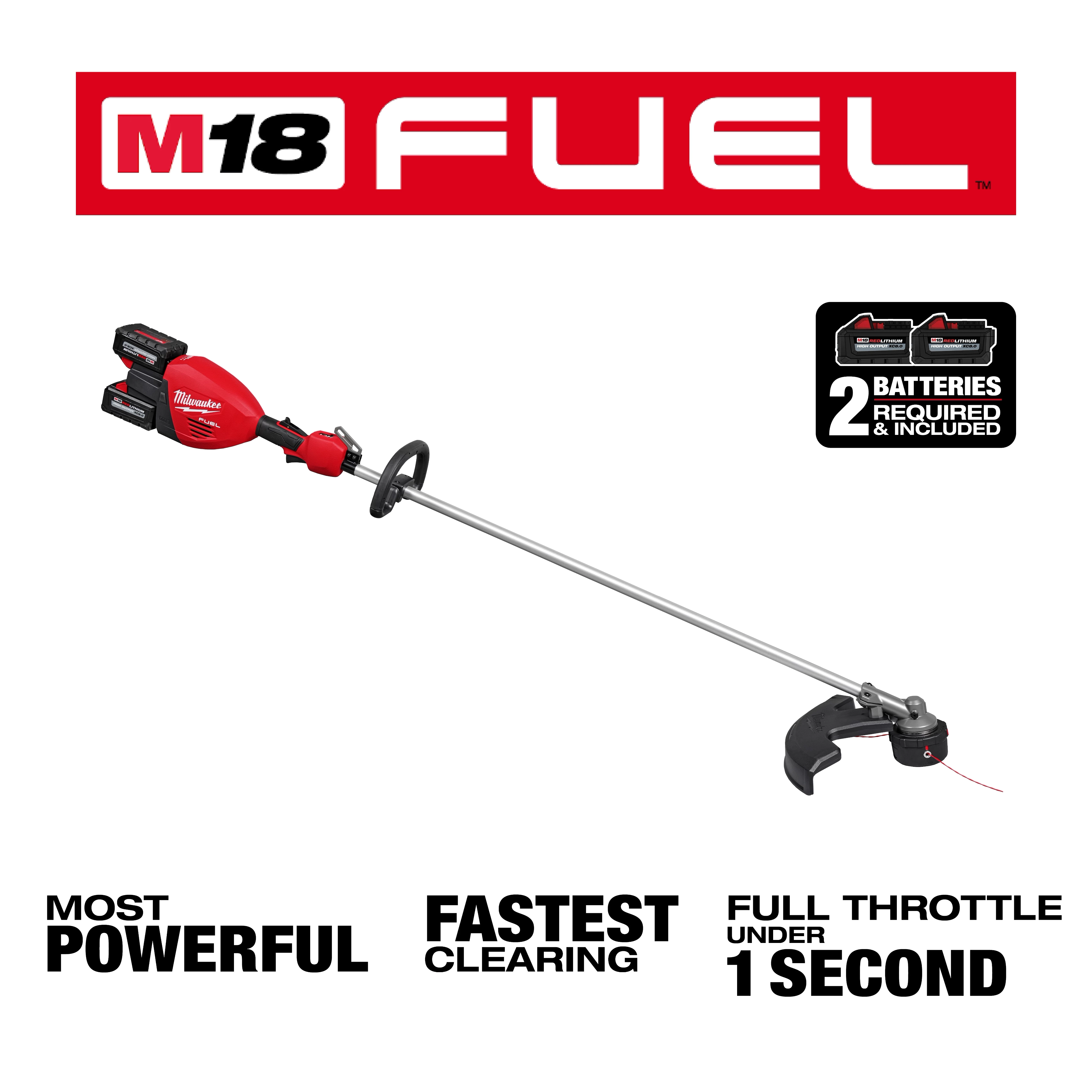 M18 FUEL 17-inch Dual Battery String Trimmer with two batteries, citing most powerful, fastest clearing, and full throttle in one second.