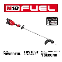 M18 FUEL 17-inch Dual Battery String Trimmer with two batteries, citing most powerful, fastest clearing, and full throttle in one second.