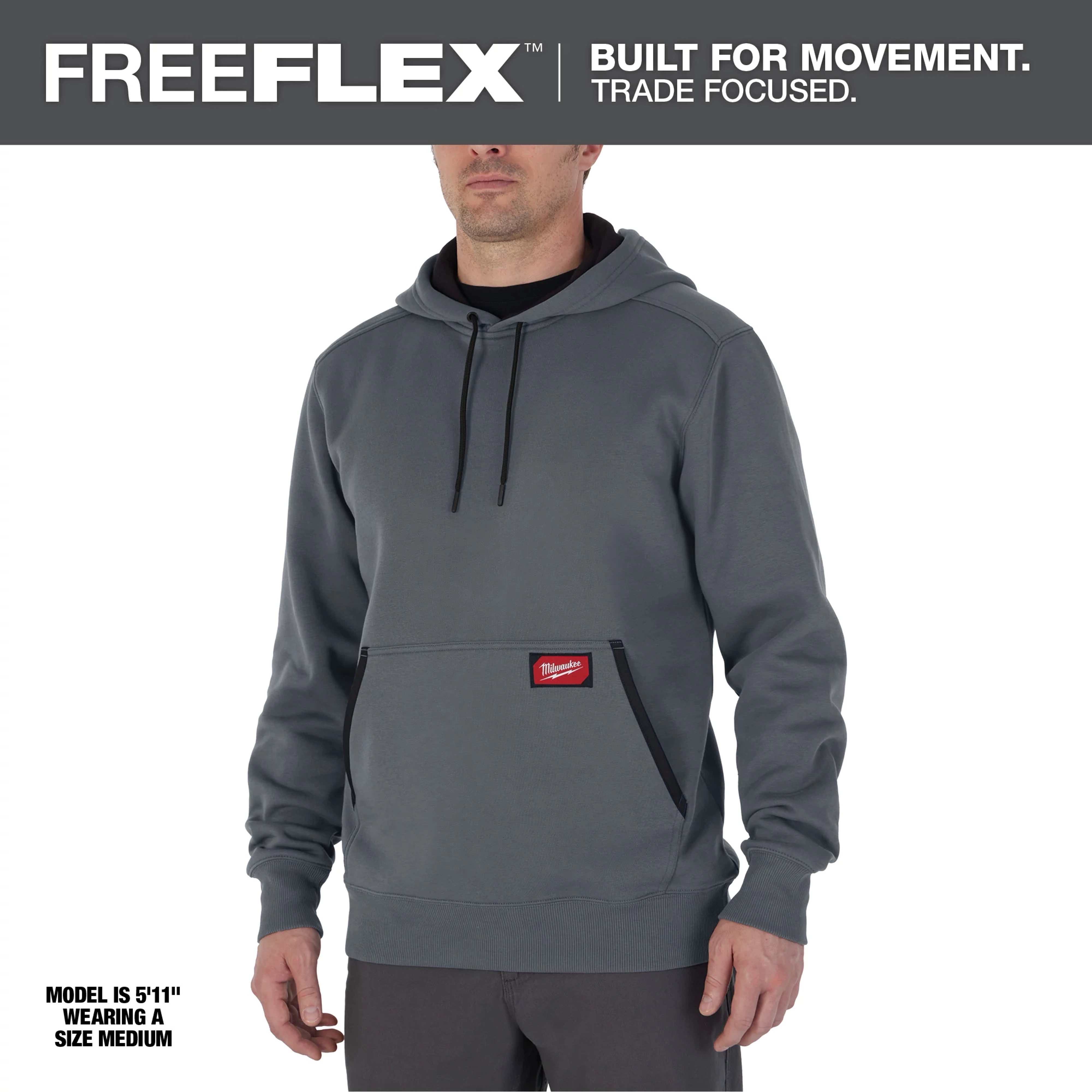 Midweight Pullover Hoodie - Gray Primary Image. The hoodie is gray with black drawstrings and a front pocket displaying a red logo patch.