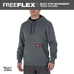 Midweight Pullover Hoodie - Gray Primary Image. The hoodie is gray with black drawstrings and a front pocket displaying a red logo patch.