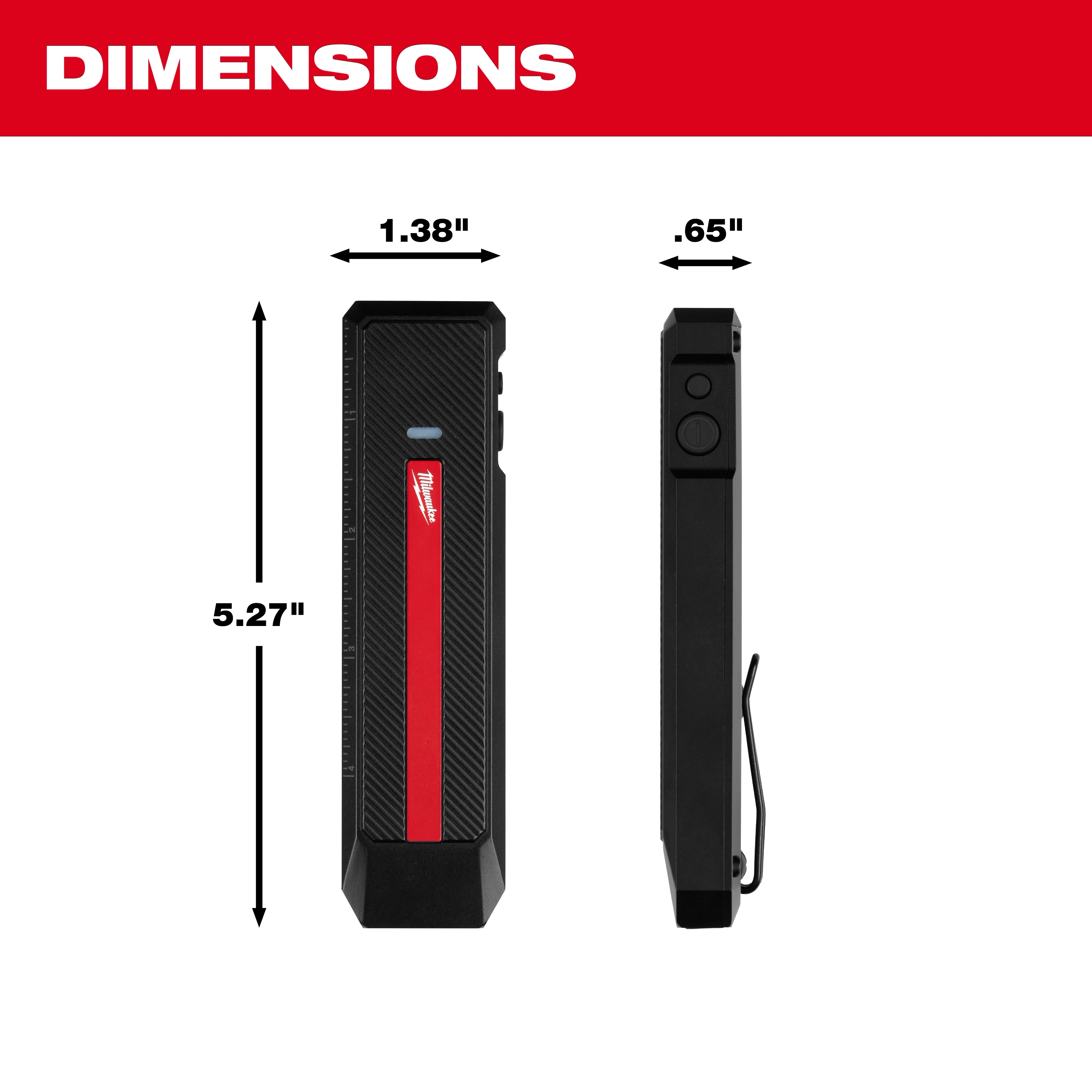 Milwaukee Rechargeable Flat Flashlight w/ Green Laser shown front and side with labeled height, width, and thickness.