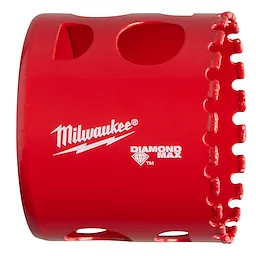 Red 2-inch Diamond Max Diamond Grit Hole Saw with serrated edge and side vents, labeled with the Milwaukee and Diamond Max logos.
