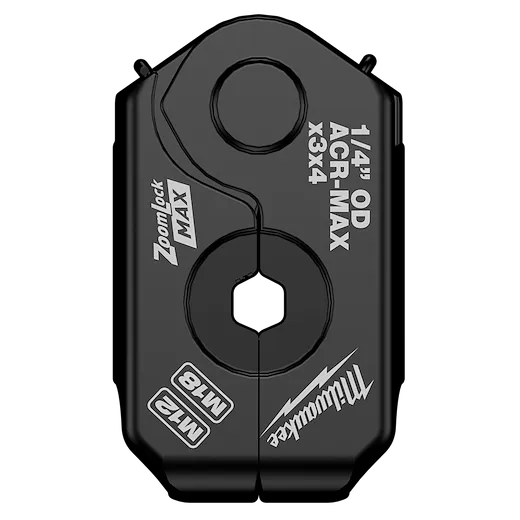 The 1/4" ZoomLock MAX® & MaxiPro® Pivoting Press Ring is a black, hexagonally-shaped tool designed for joining copper tubing. It features two pivoting segments, branding logos, and model numbers M12 and M18, along with the specification "1/4" OD ACR-MAX X3X4" on the surface.