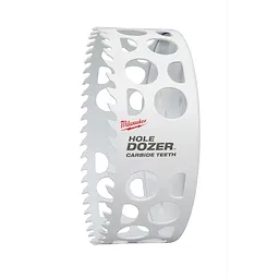 Range of Carbide Dozer hole saw, featuring carbide teeth and a white body with cut-out holes and black and red branding.