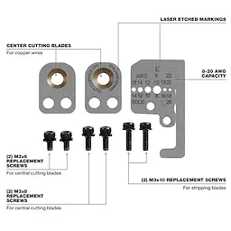 8-20 AWG Automatic Wire Stripper Replacement Blade Kit includes center cutting blades, laser etched markings, and various screws.