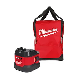 Red and black M18 Utility Remote Control Search Light Portable Base by Milwaukee, shown with matching red carrying bag with white logo.