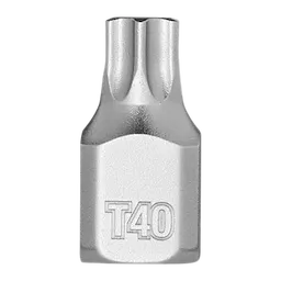 1/4" Drive T40 Low-Profile TORX Bit Socket made of metal with a polished finish. The bit end has a star-shaped pattern for engaging with T40 TORX fasteners. The socket has "T40" inscribed on its front side.