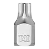 1/4" Drive T40 Low-Profile TORX Bit Socket made of metal with a polished finish. The bit end has a star-shaped pattern for engaging with T40 TORX fasteners. The socket has "T40" inscribed on its front side.