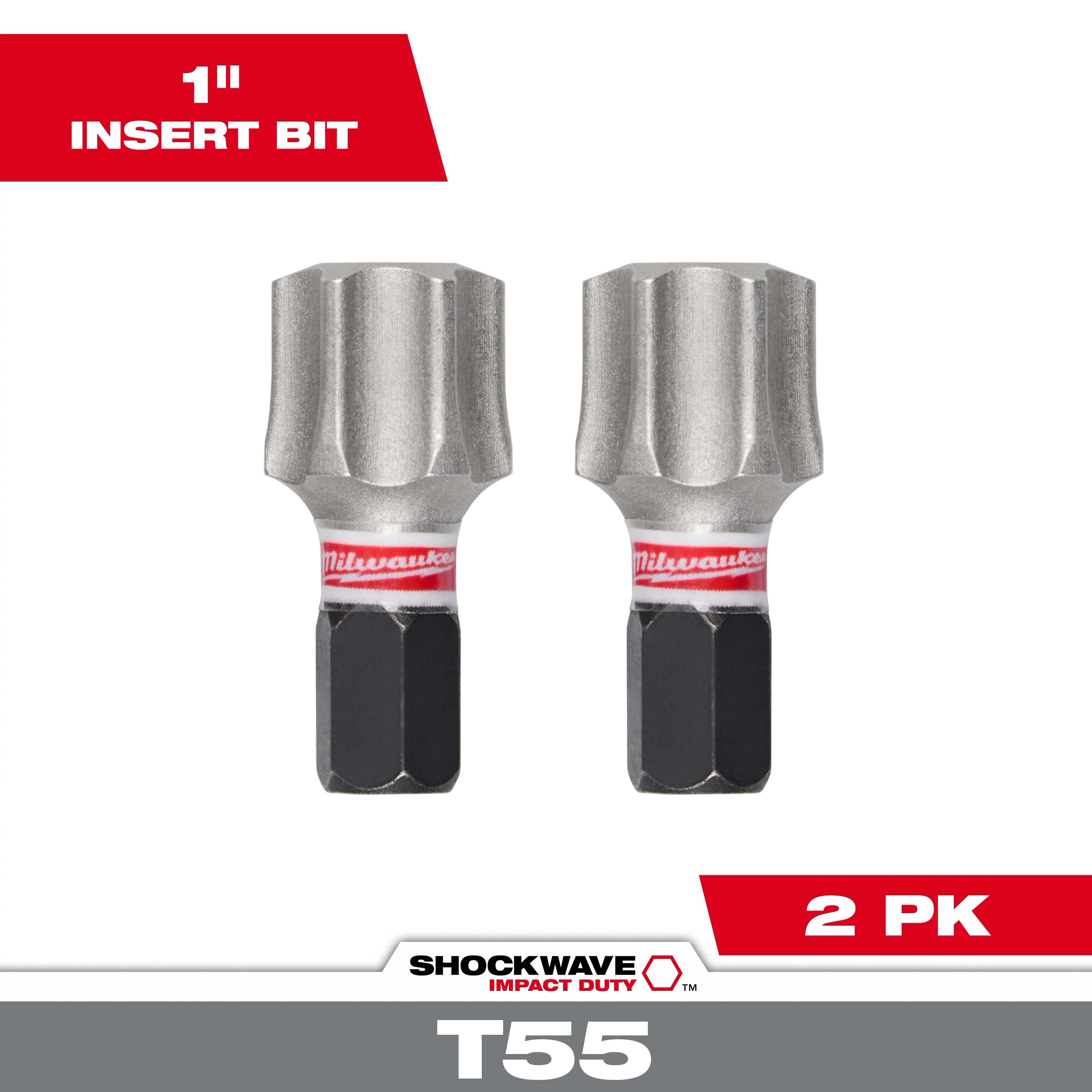The image shows the SHOCKWAVE™ Impact Duty 1" T55 Insert Bits in a pack of 2. The bits are grey and black, with a red Milwaukee logo near the middle. Marketing text indicates they are 1 inch long and sold in two-pack format.