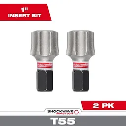 The image shows the SHOCKWAVE™ Impact Duty 1" T55 Insert Bits in a pack of 2. The bits are grey and black, with a red Milwaukee logo near the middle. Marketing text indicates they are 1 inch long and sold in two-pack format.