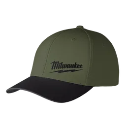 Green and black WORKSKIN Performance Fitted Hat with a curved brim. Features Milwaukee logo in black on the front panel.