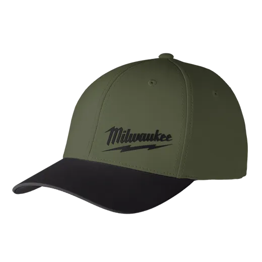 Green and black WORKSKIN Performance Fitted Hat with a curved brim. Features Milwaukee logo in black on the front panel.