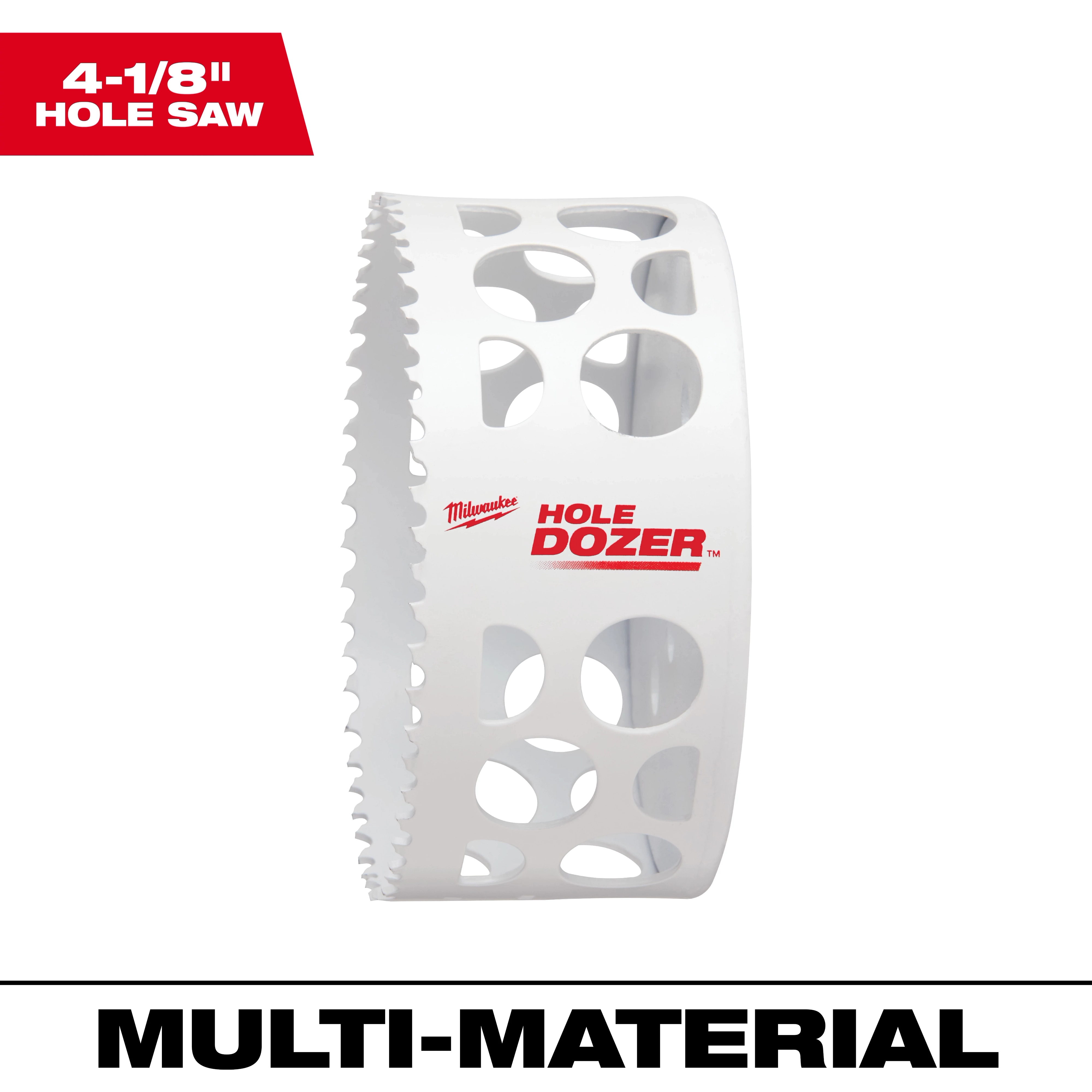 4-1/8" Hole Dozer Bi-Metal Hole Saw shown with white body and multiple circular cutouts, designed for multi-material cutting.