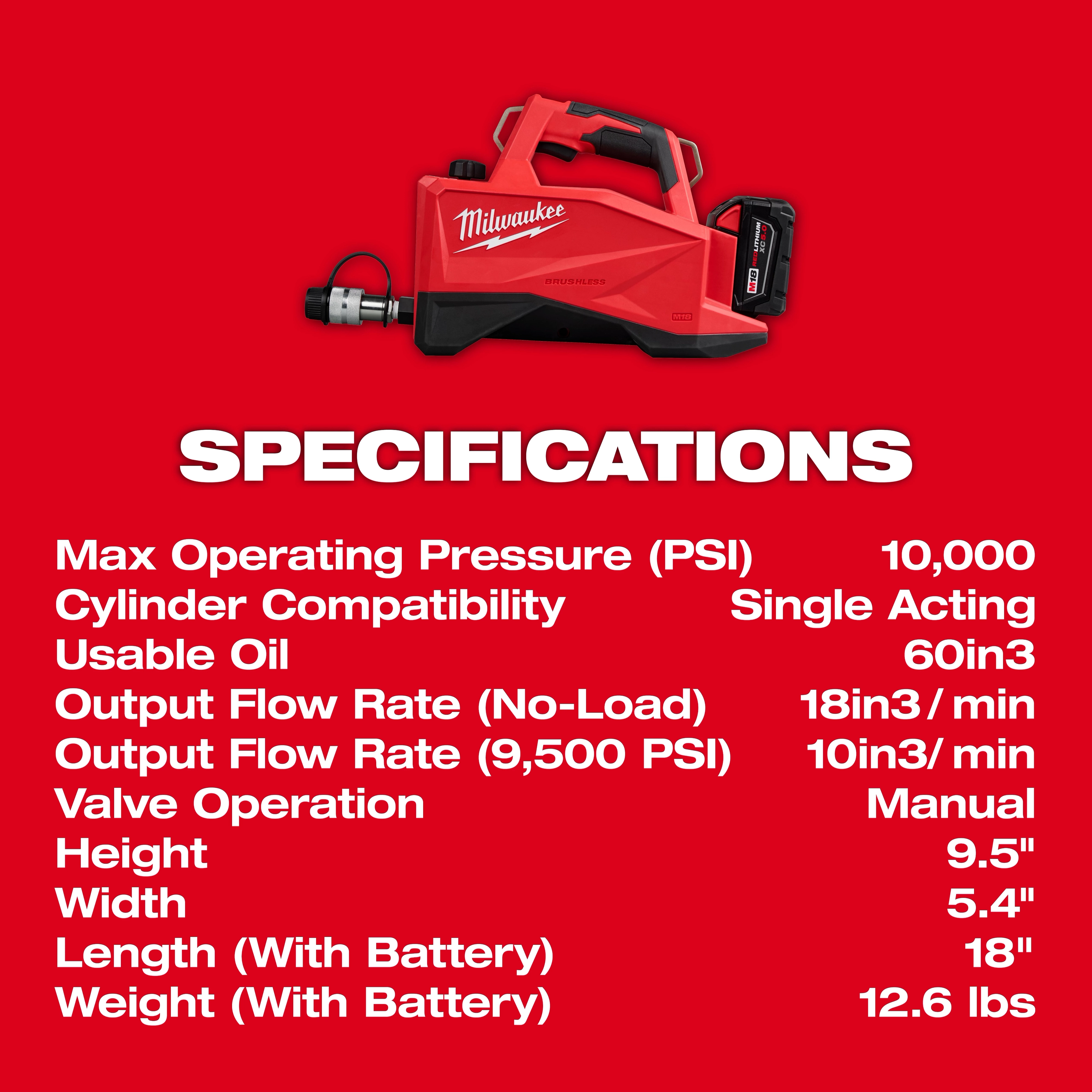 M18™ Brushless Single Acting 60in3 10,000psi Hydraulic Pump