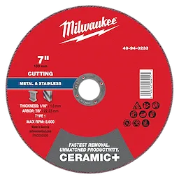 7" x 1/16" x 7/8" Ceramic+ Metal Cut Off Wheel - Type 1 for cutting metal and stainless, max RPM 8,600, red-colored.