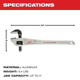 Milwaukee Aluminum Pipe Wrench is 24 inches long with an 8-inch height, weighing 6.4 pounds. It has a jaw capacity of up to 3 inches.