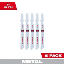 5-pack of 3" 18TPI T-Shank Metal Cutting Bi-Metal Jig Saw Blades with red and black branding, designed for cutting metal.