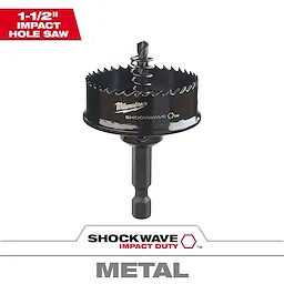 1-1/2" Impact SHOCKWAVE Hole Saw featuring a black, toothed cutting head with a spiral drill bit, designed for metal.