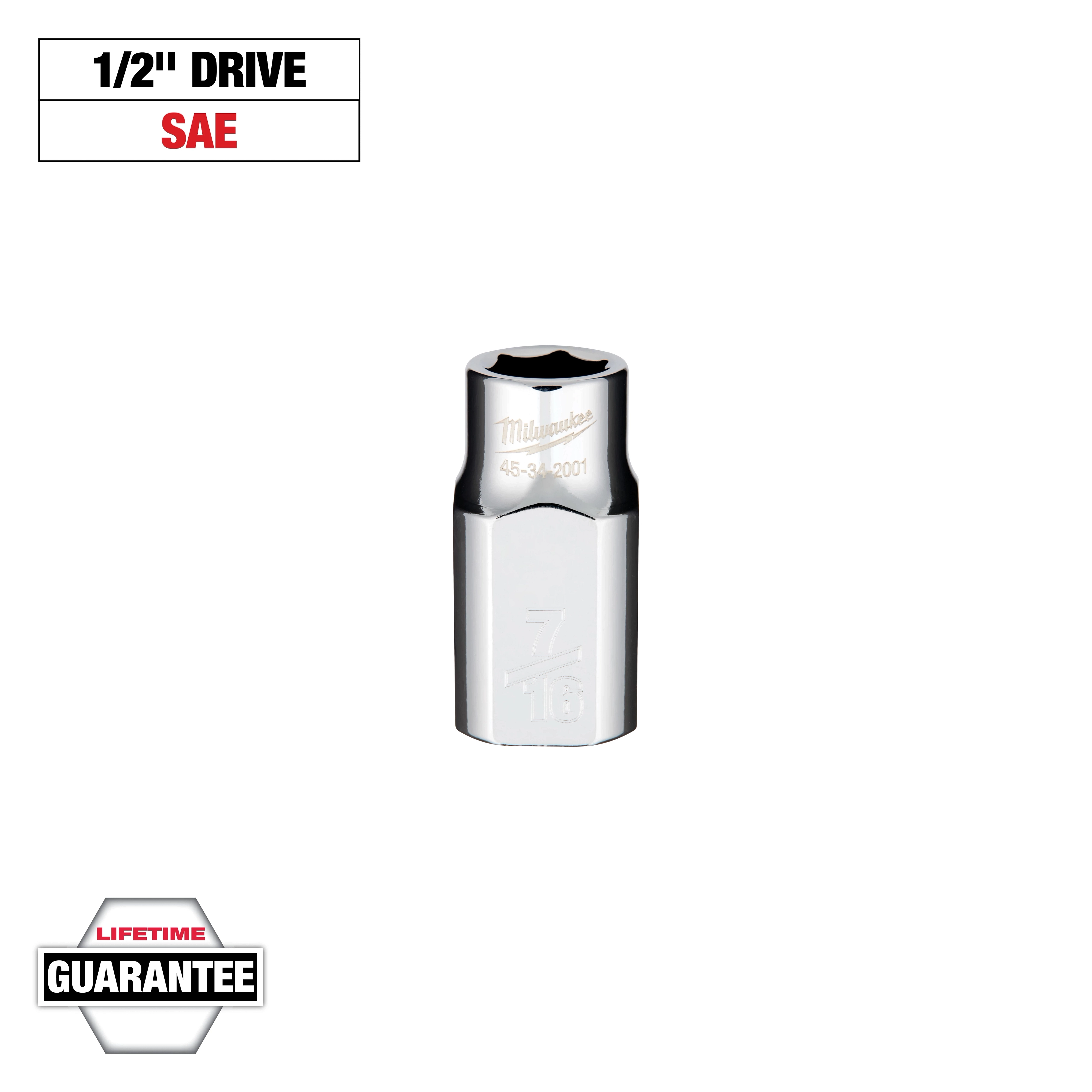 This image shows a Milwaukee 7/16 inch socket with a 1/2 inch drive, SAE. It is chrome finished, has etched size markings, and comes with a lifetime guarantee.