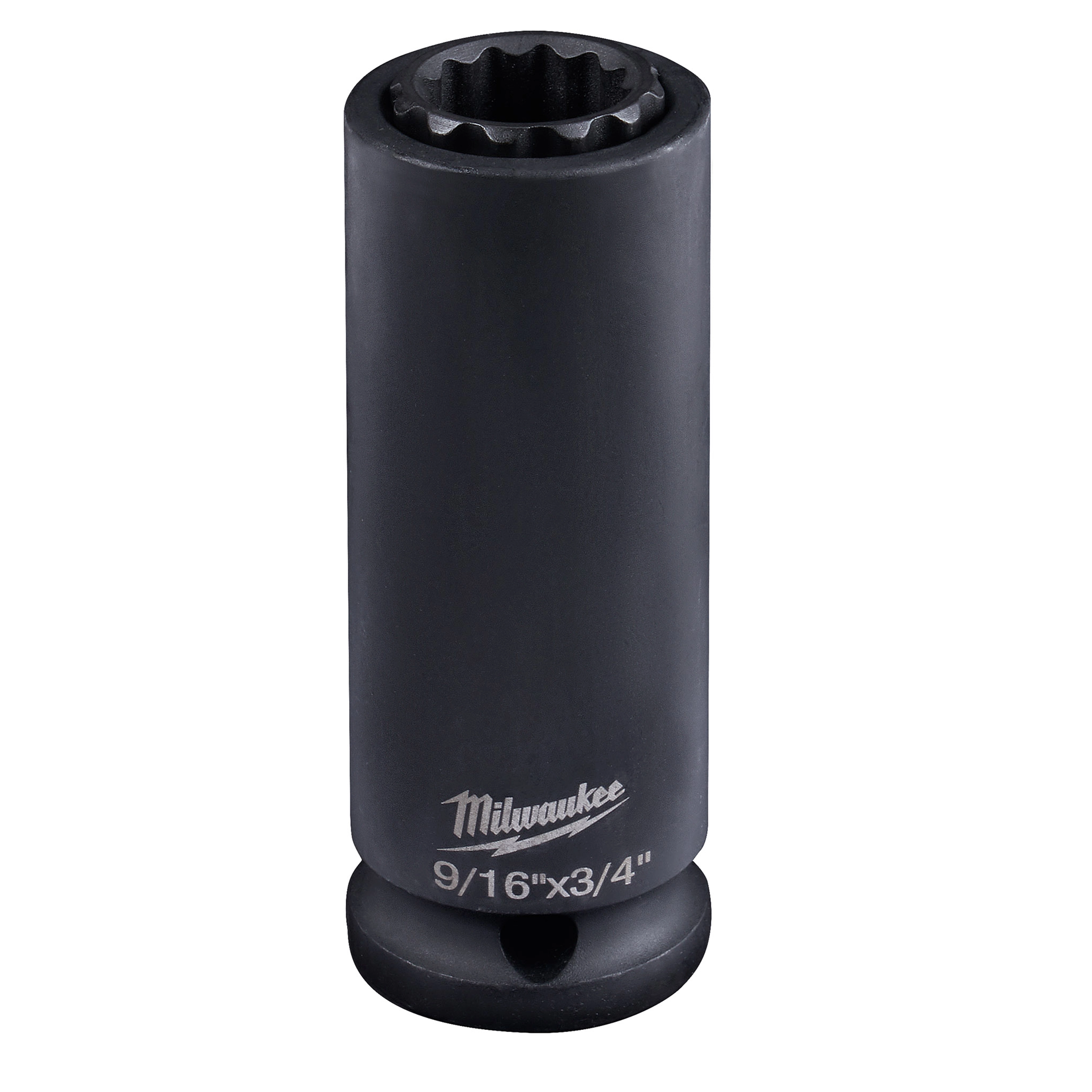 The image displays the Milwaukee 9/16"-3/4" 12PT 2-in-1 Socket. The socket is black, with a visible brand logo and size markings etched on the side. The internal design features twelve points.