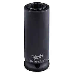 The image displays the Milwaukee 9/16"-3/4" 12PT 2-in-1 Socket. The socket is black, with a visible brand logo and size markings etched on the side. The internal design features twelve points.